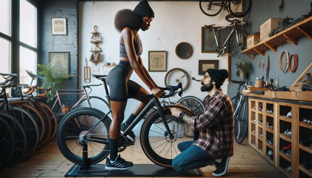 Cyclist buying bike in shop
